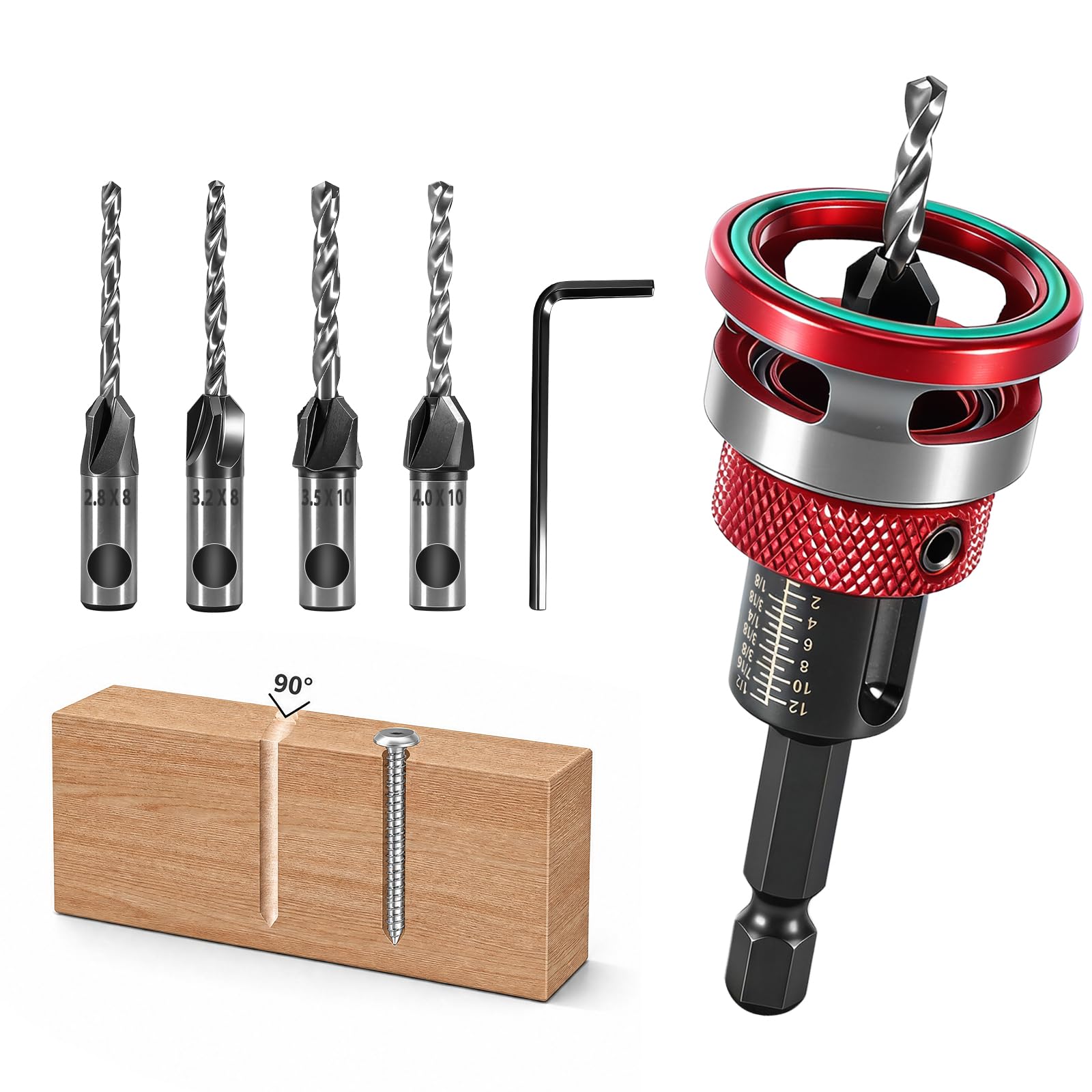 Set de 6 Brocas Avellanadoras Madera con Tope de Profundidad Ajustable | Avellanador de Brocas Madera con Vástago Hexagonal de 1/4", Herramienta de Precisión para Carpintería y Proyectos de Plástico