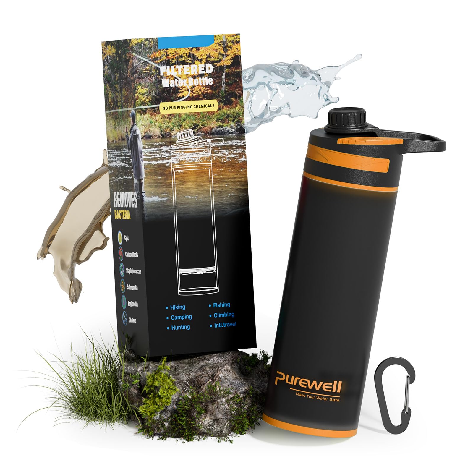 Purewell Press-Filter Flasche 500ml - Trinkflasche mit Druck-Filtersystem für sofort reines Wasser Filtert 99.99% Bakterien, Viren, Schwermetall 10.000L Kapazität Ideal für Outdoor, Camping, Wandern