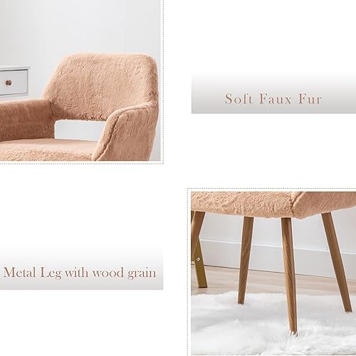 Miniatura 4 de KCC Silla de escritorio peluda, silla de piel sintética moderna de mediados de siglo para niñas adolescentes, cómodo sillón con patas de metal