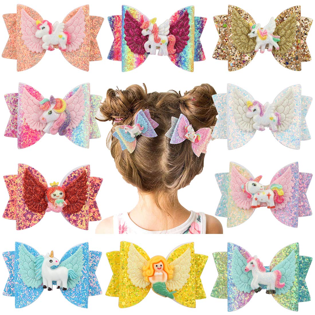Mermaid Hair Bows Clips for Girls Sequins Glitter Hairpins Girls Hair Clips School Hair Accessories (12pcs-Glitter bows with Unicorn Clip)