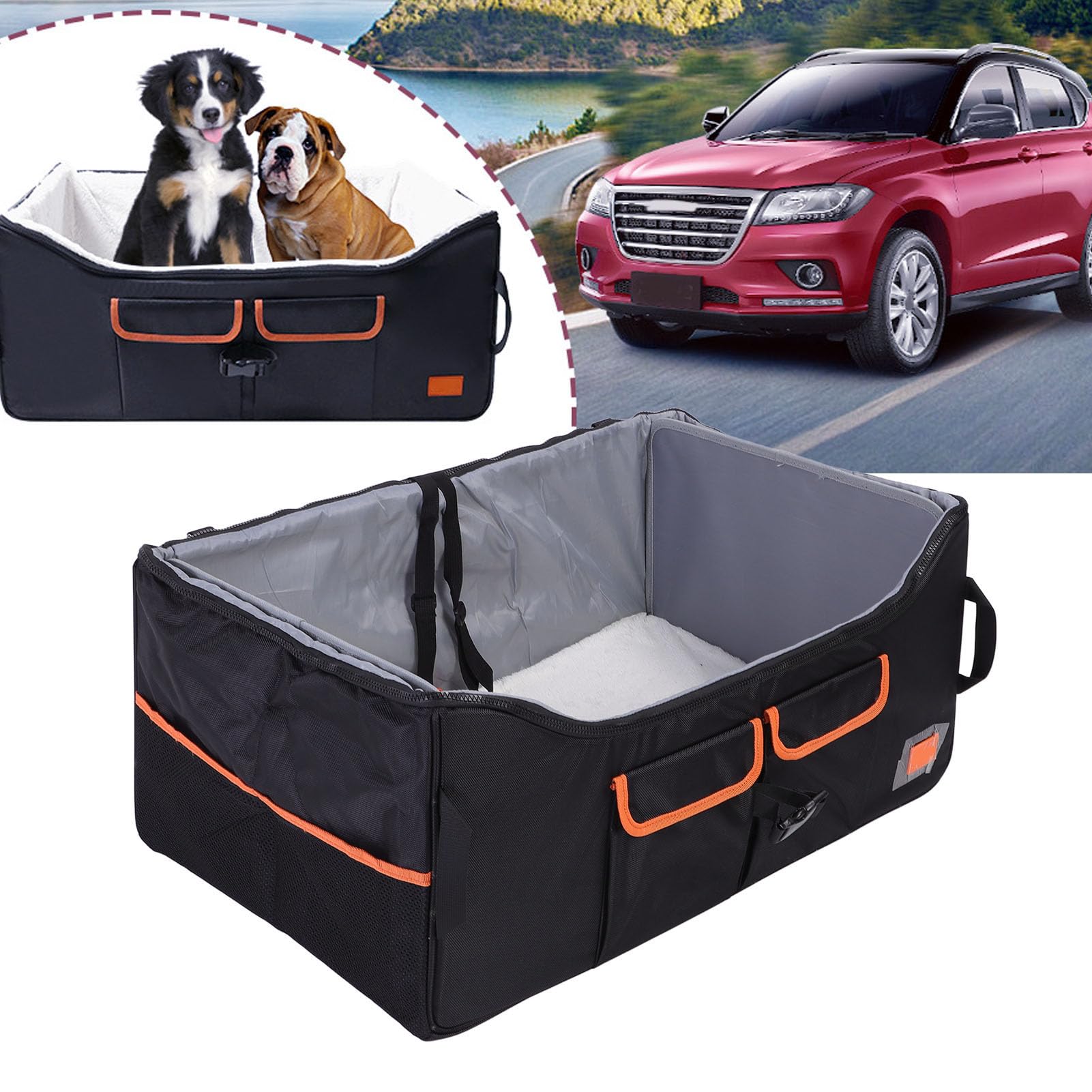 Cama Grande para Coche para Perros, Asiento Delantero de Coche, Cama de Viaje para Mascotas con Cinturón Ajustable, Asiento Elevador Plegable para Mascotas, Bolsa de Transporte