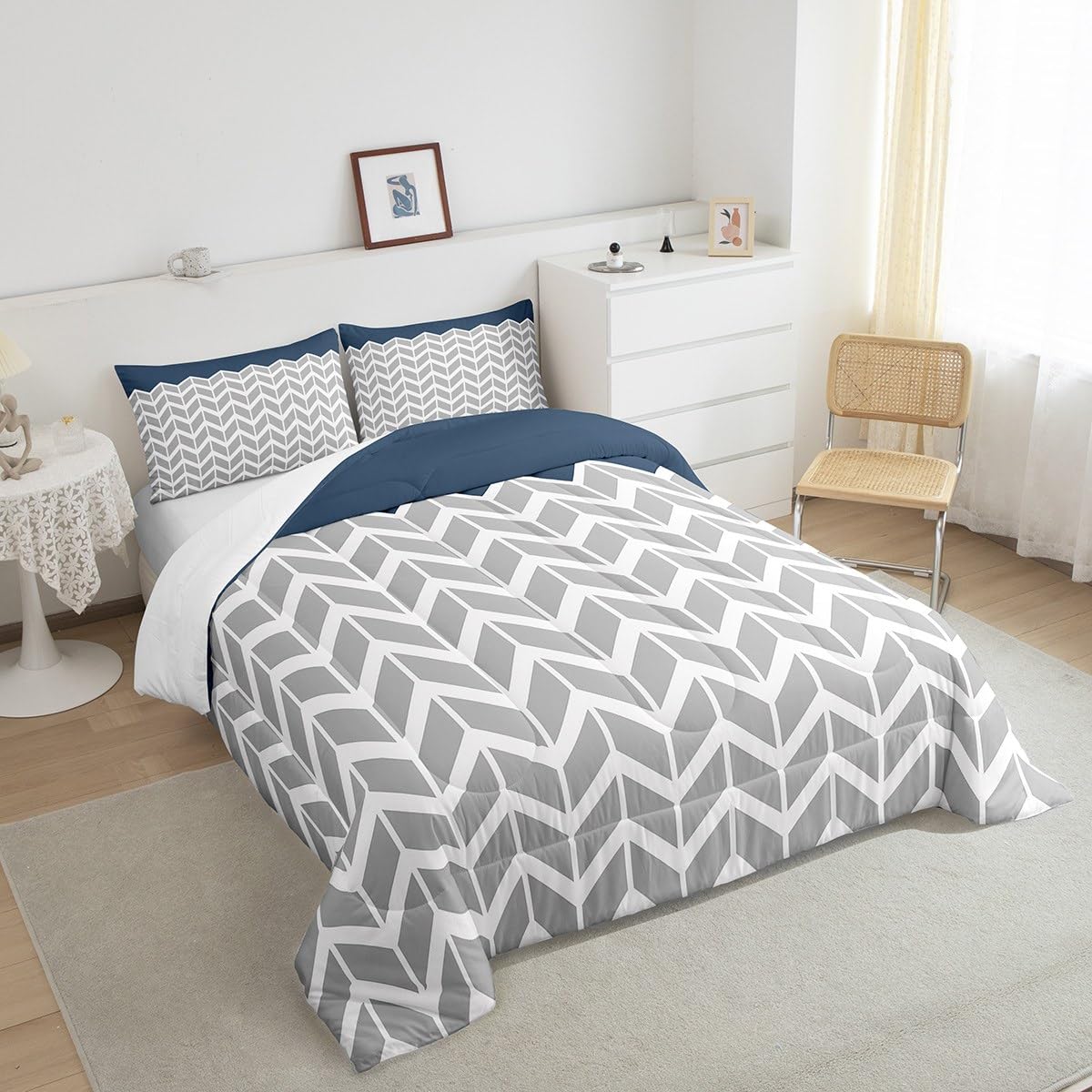 Set di biancheria da letto per letto singolo, con motivo a righe geometriche, per bambini, ragazzi, ragazze, ragazze, decorazione per camera da letto, colore: blu navy bianco