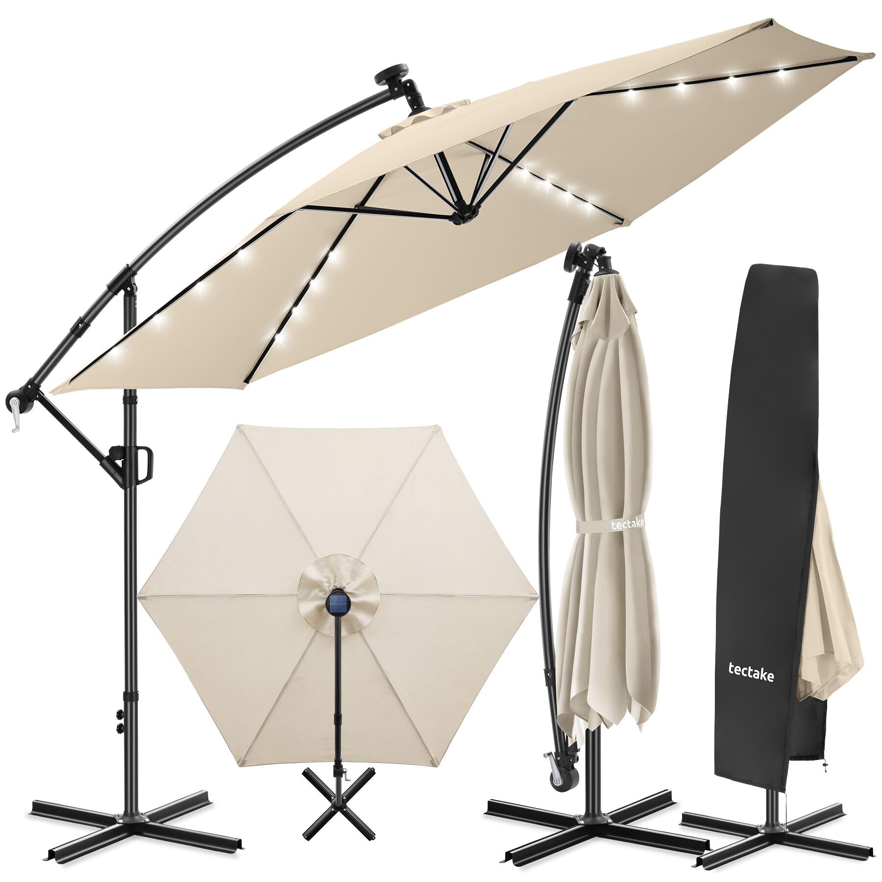 Tectake Ombrellone da Giardino 3,5x3,5 m Braccio Girevole 360° Led Solare Protezione UV 50+