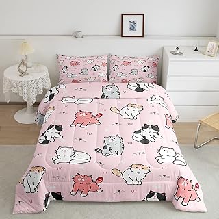 Erosebridal Girls Pink Cat Bedding Twin Cute Animal Comforter Set for Boys Kawaii Kitten Bedding Sets & Collections Cartoon Pet Down Comforter for Kids Toddlers Bedroom Breathable Lightweight Bed Set