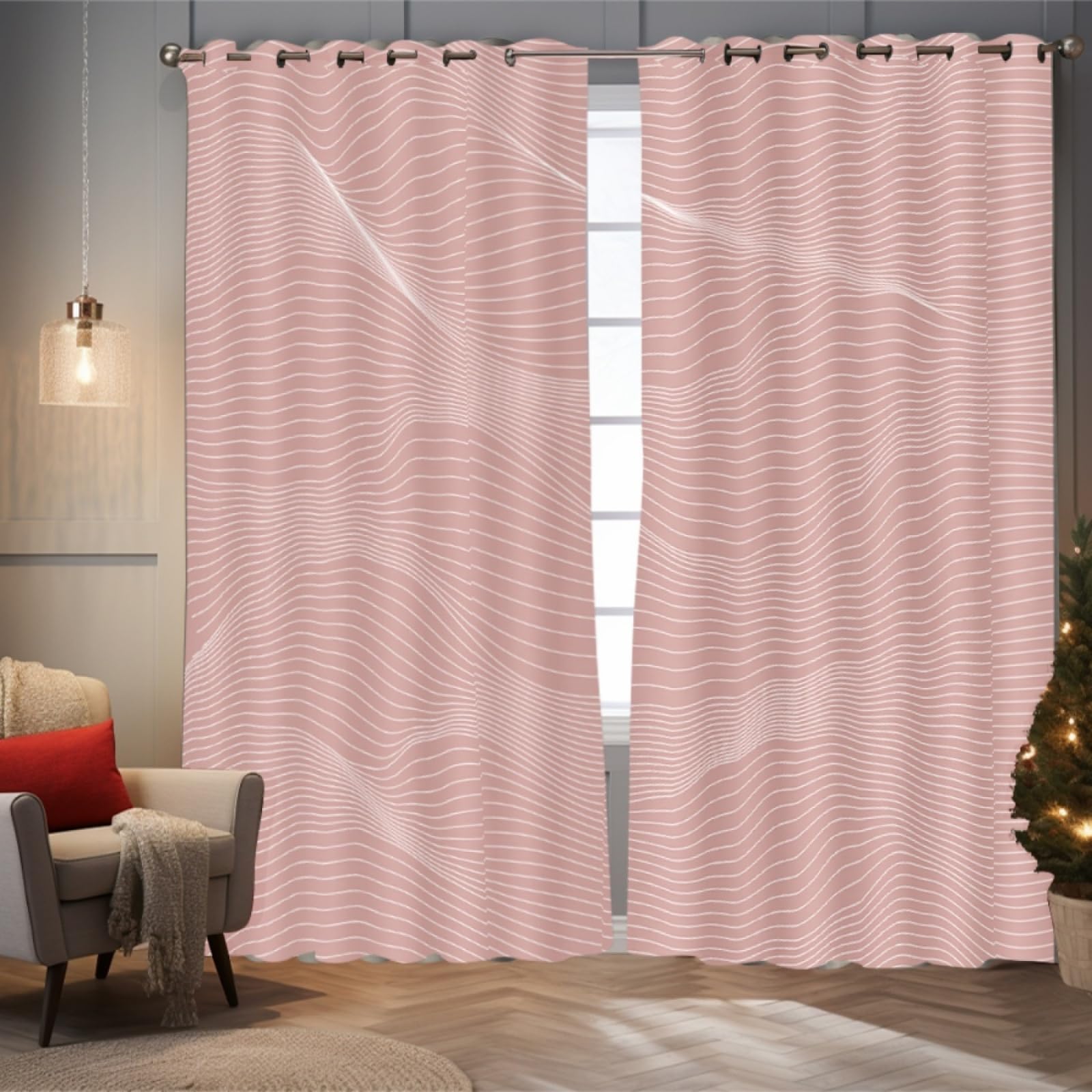 Wazylphin Blackout Eyelet Curtains Pink Stripes Thermal Blackout Curtains for Bedroom Living Room Black Out Curtain Reduce Noise Eyelet Curtins Durable Polyester Thick Window Curtain 2x75x166cm