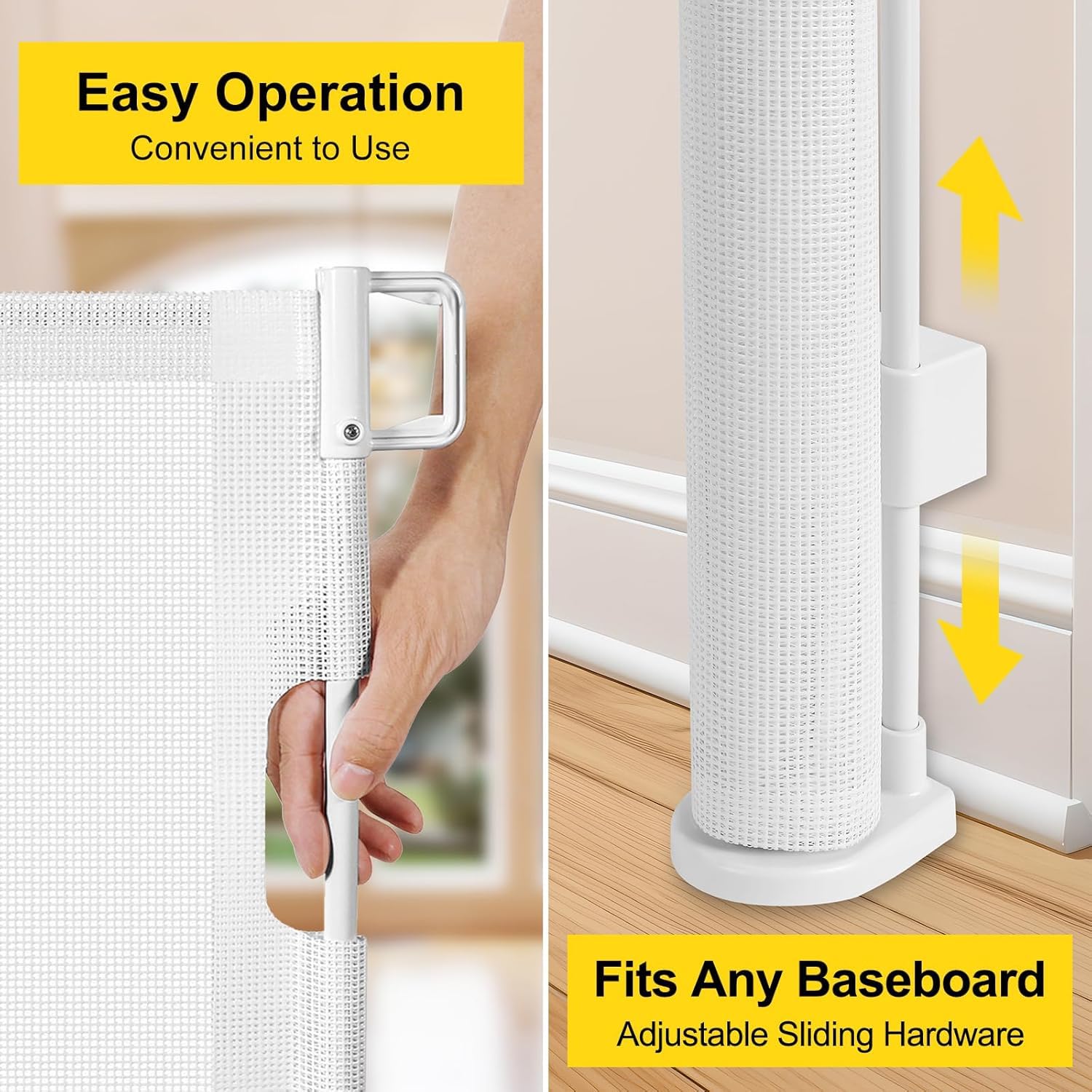Reinforced 42” Extra Tall Retractable Dog Gate for Doorways, Extends up to 60” Wide, Mesh Baby Gate, Tall Baby Gates with Rods to Prevent Crawling Through Retractable Pet Gate Indoor Outdoor, White