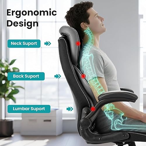 Miniatura 3 de Ergonomic Office Chair with Pocket Spring Lumbar Support - High Back Executive Leather Chair, Adjustable Headrest, Flip-Up Arms, Reclining Computer