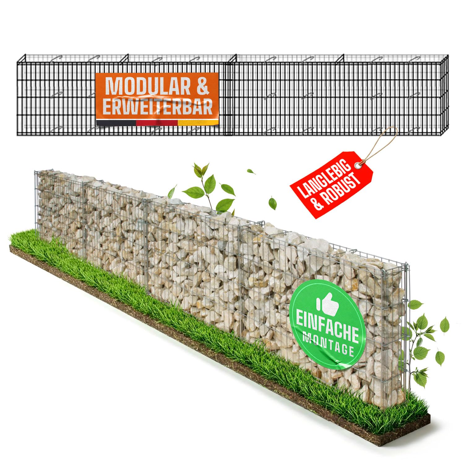 bellissa Mauergitter-Set für Gabionen verzinkt 232x10x40 cm | Längenverstellbare Gabionenkörbe für Steingabionen, erweiterbare Gabionengitter für Beetumrandung