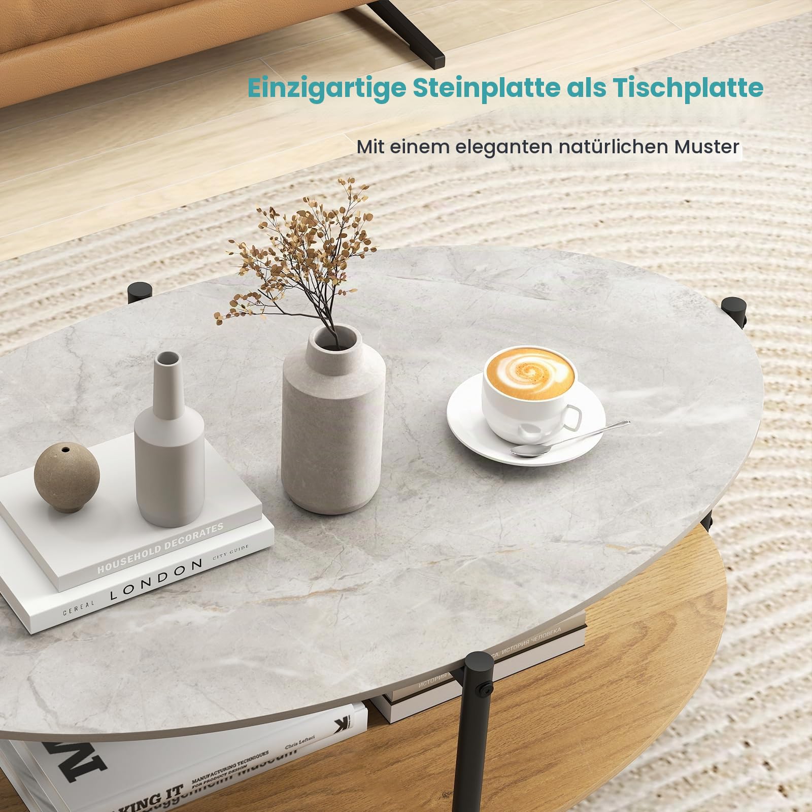 LIFEZEAL Couchtisch Marmor, Ovaler Wohnzimmertisch mit Marmorplatte, Moderner Kaffeetisch Sofatisch mit robustem Metallrahmen, 105 x 65 x 43 cm
