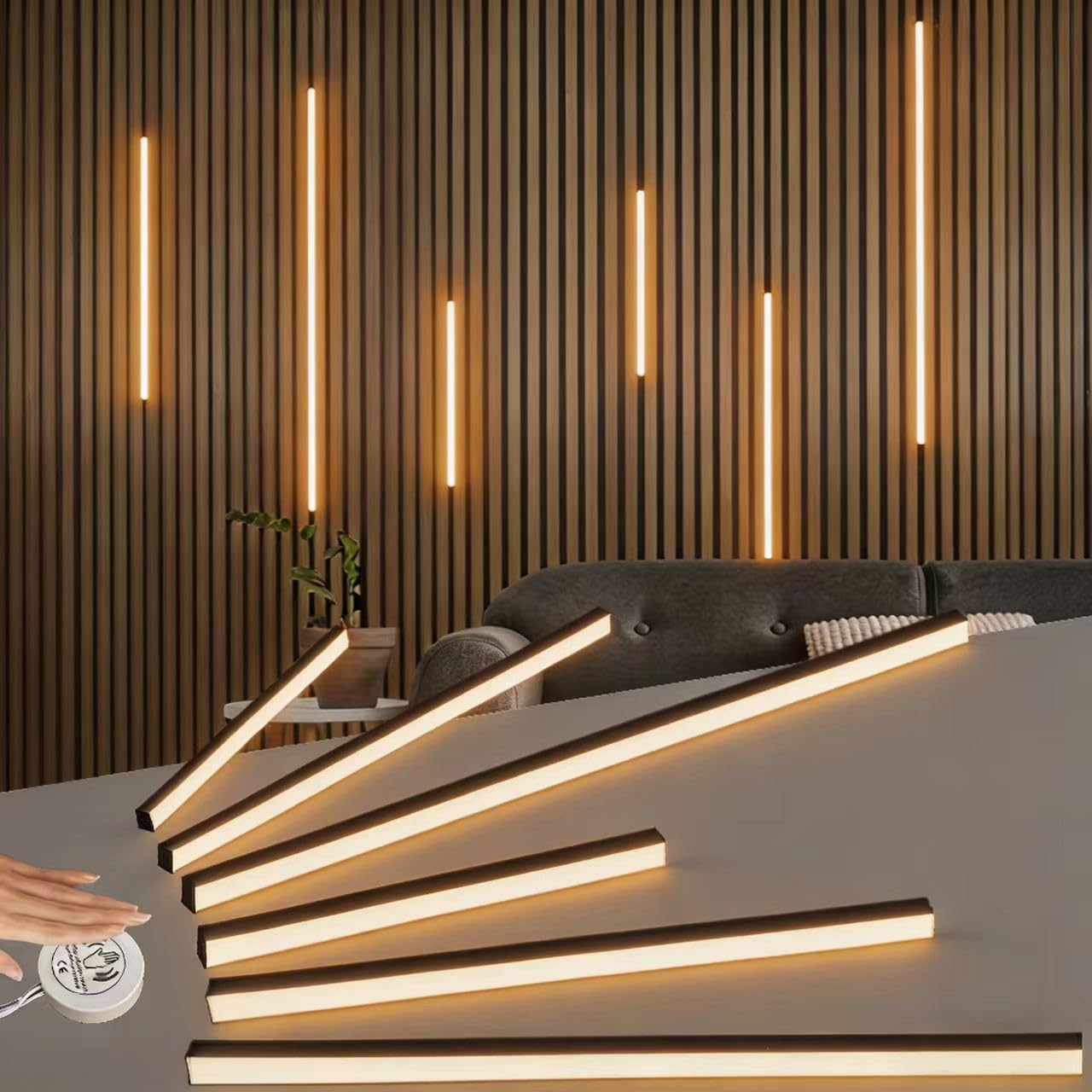 RYE Kit de iluminación LED empotrable, paquete de 6 barras de luz LED COB autoadhesivas, blanco cálido 3000 K, con interruptor táctil, para paneles de pared de listones de madera, cabeceros, 2 piezas