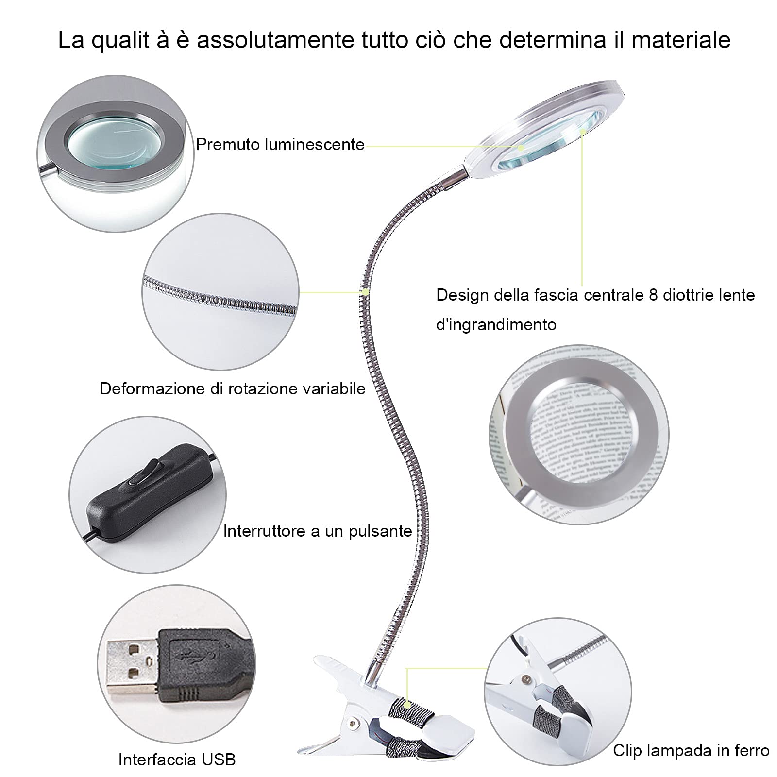 Lampada con Lente Ingrandimento, Lampada Estetista da Tavolo Dimmerabile LED USB con Pinza di Cigno Flessibile per Trucco Tattoo Nail Art Bellezza [Classe di efficienza energetica A+]