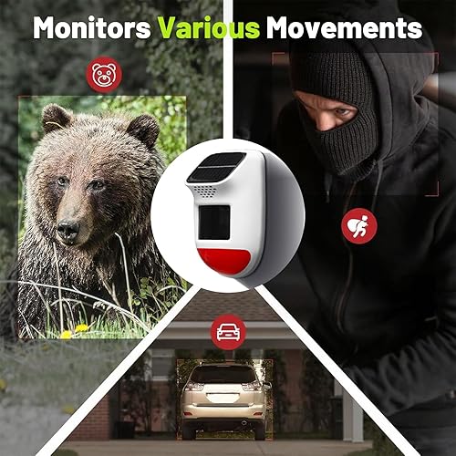Miniatura 9 de Alarma solar con sensor de movimiento sirena de seguridad impermeable IP65 de 120 dB con control remoto y luz estroboscópica, 3 modos para patio,