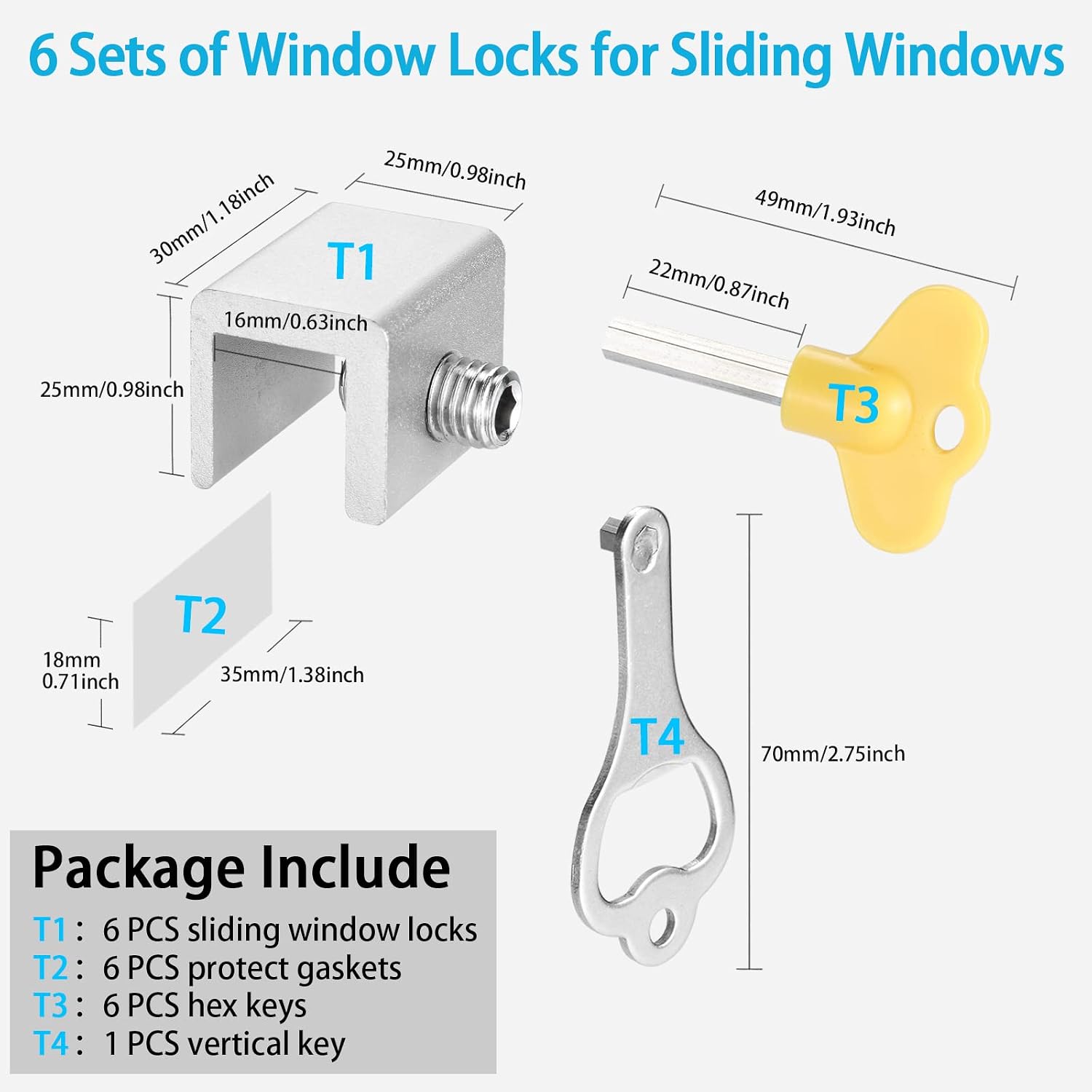 6 Sets Sliding Window Locks,Adjustable Window Lock With Key, Can Control The Window Partially Open or Closed,Window Locks ​for Vertical & Horizontal Sliding Windows Doors,for Home and Office (Silver)