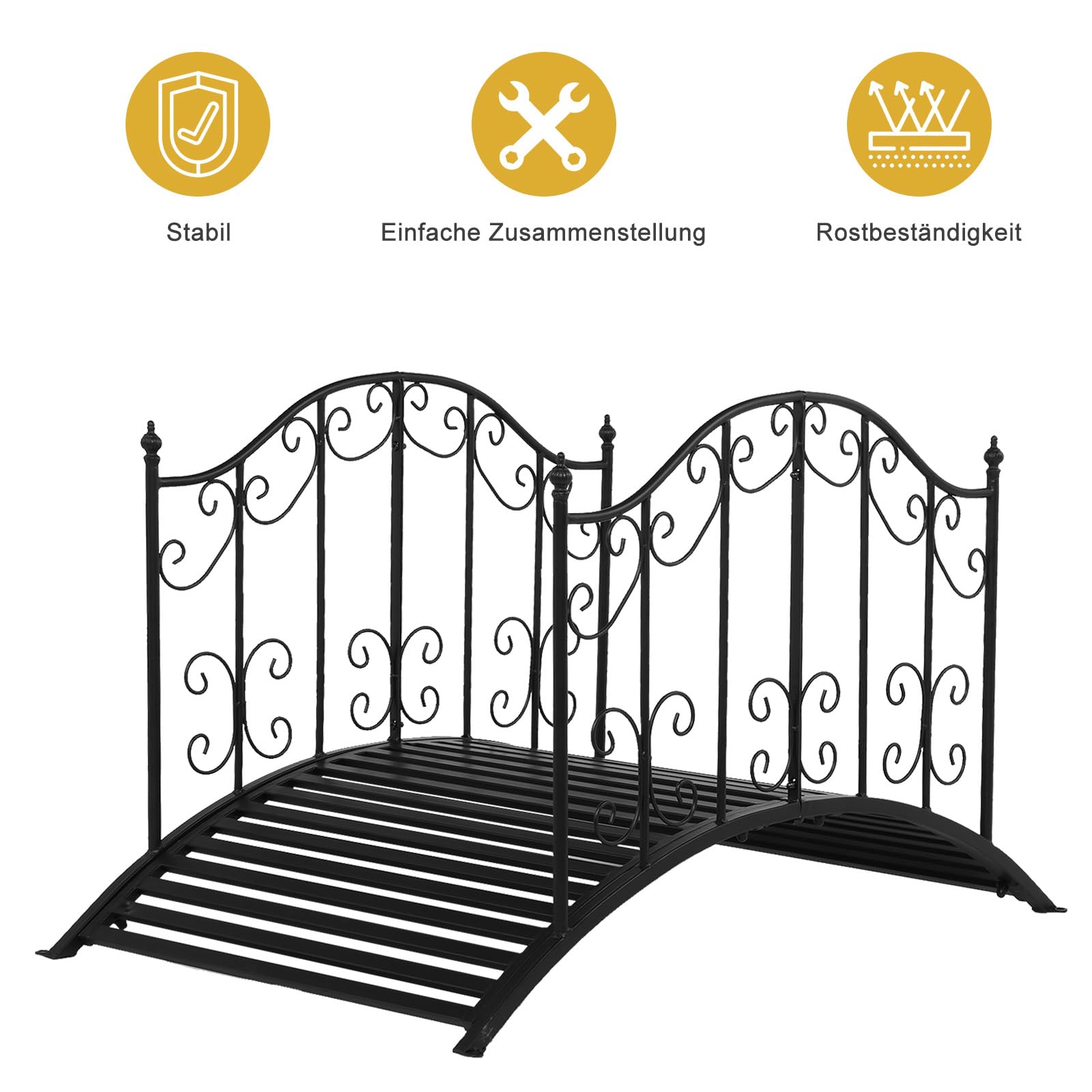 Bonnlo Gartenbrücke Metall 120cm, Teichbrücke mit kunstvoll gemustertem Geländer, Brücke Stabil und Wetterfest, bis 204 kg belastbar, Zierbrücke für Garten, Teich und Bach,Schwarz