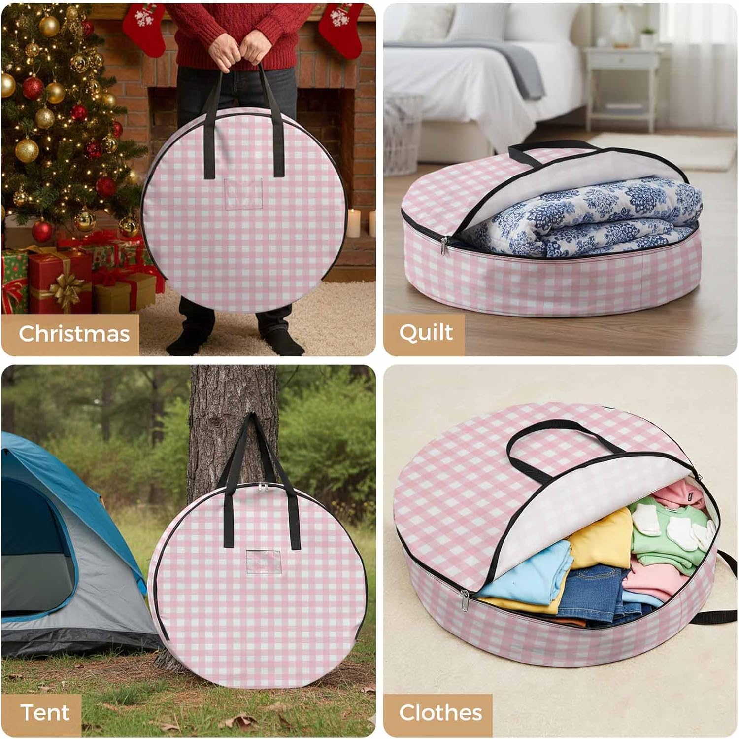 Pink Buffalo Round Storage Bag 24 Inch, Plaid Clothes Storage Container with Handles Heavy Duty Organizer for Comforter, Bedding & Holiday Wreaths