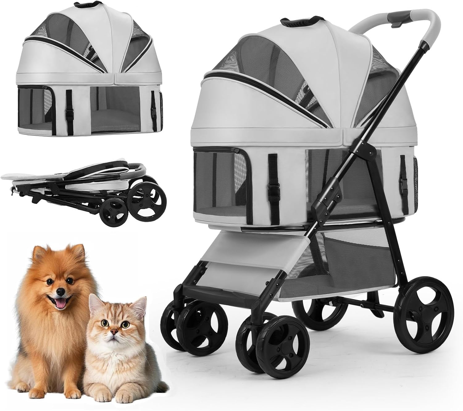 4 Wheels Pet Stroller for Small/Medium Dogs and Cats with Detachable Carrier and Storage Basket,One Click Folding, Compact Portable,3 in1 Multifunctional (Grey)
