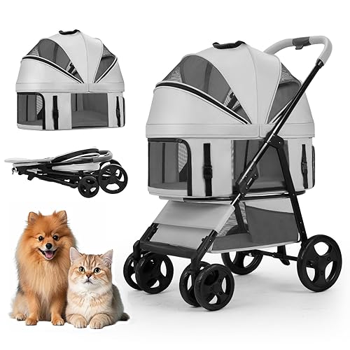 Cochecito para mascotas de 4 ruedas para perros y gatos pequeñosmedianos con transportador desmontable y cesta de almacenamiento, plegable con un