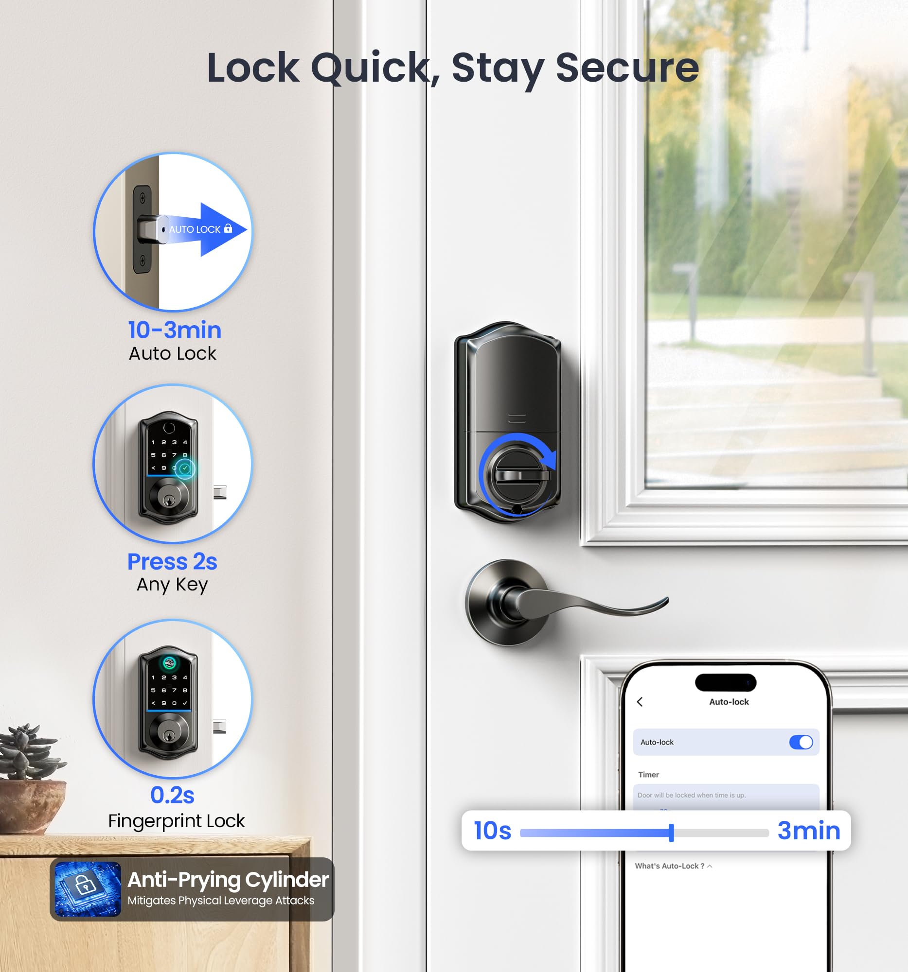 Veise VE017-L Fingerprint Smart Lock with 2 Lever Handles, Keyless Entry Front Door Lock Set, App Control, Electronic Digital Keypad Deadbolt, Easy Installation, Emergency Power Port, Matte Black