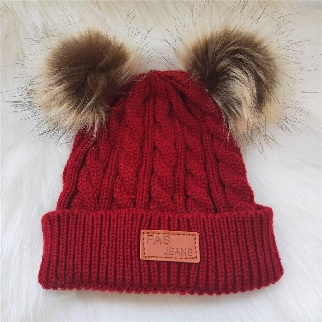 Infant Toddler Beanie Woolen Hat Pure Color Winter Twist Double Pom Pom Wool Knitted Cap for 0-8 Years Old…