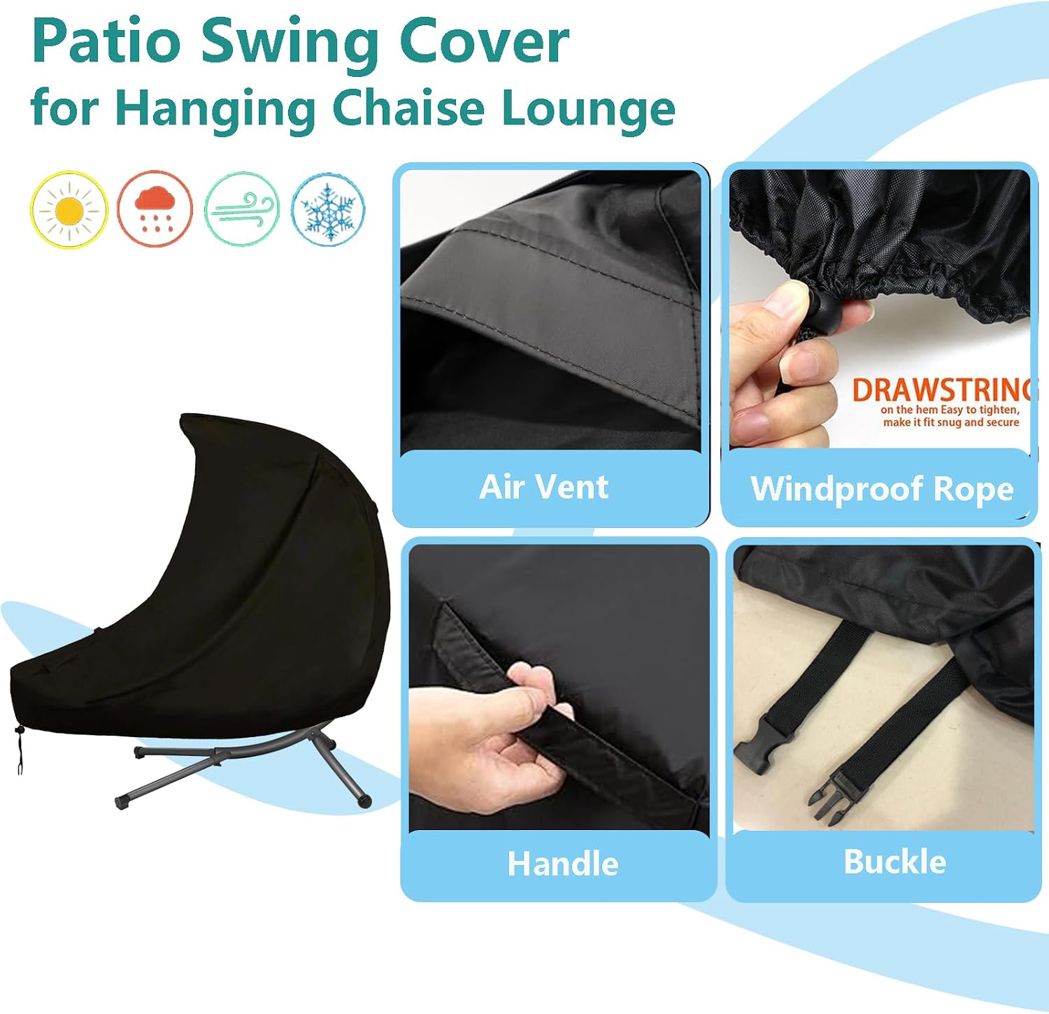 Patio Hanging Chaise Lounge Cover 73 Inch Waterproof Outdoor Hanging Curved Steel Chaise Lounge Chair Swing Hammock Cover, Black, 73"L x 46"D x 78"H