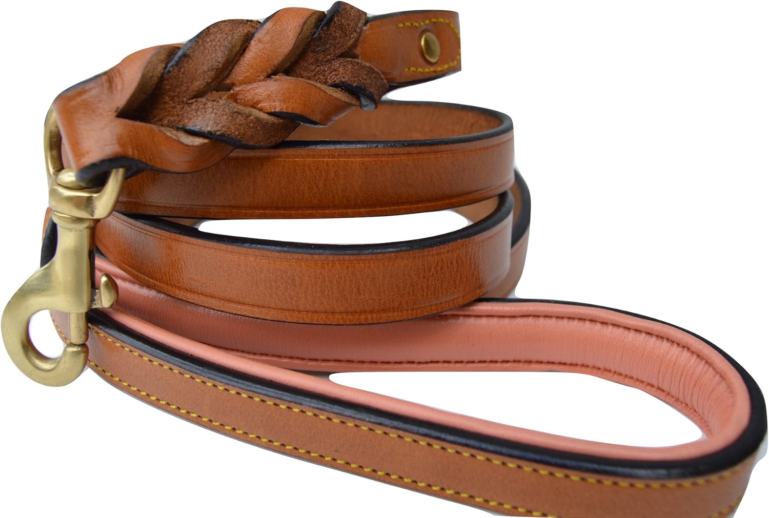 Leather Braided Dog Leash, Tan and Coral, 6 Feet x 3/4 Inch Wide, Genuine Real Leather