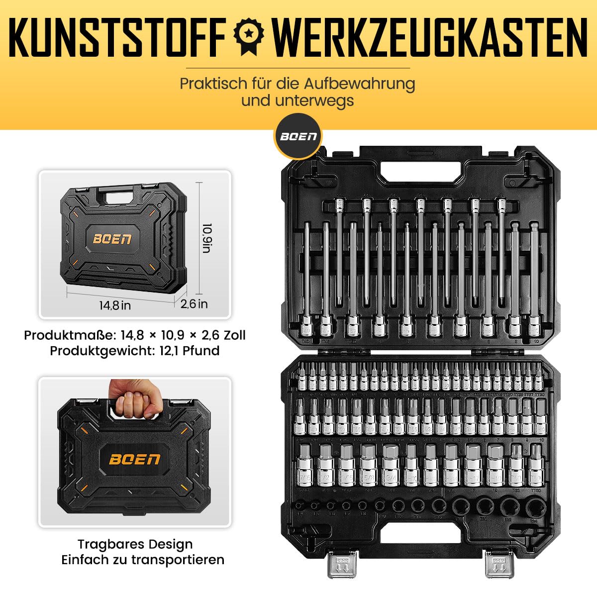 84-teiliges Sechskant- und Torx-Bitset, 1/4'', 3/8'', 1/2'' Antrieb (H2.5-H19, T8-T60, TT8-TT60, E4-E24) Metrisches & SAE-Bitset, mit S2- und Cr-V Stahl
