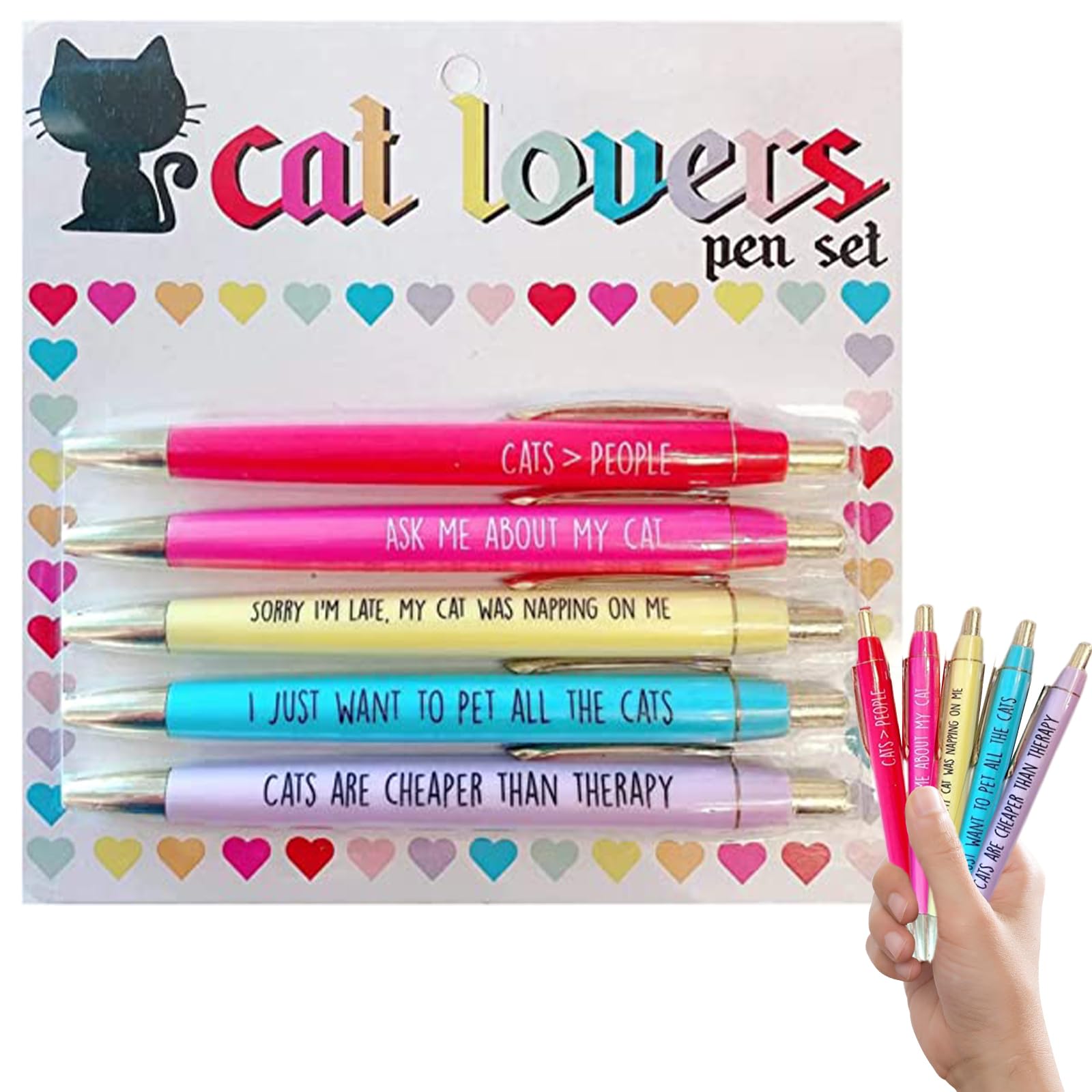 NASSMOSSE Cat Pens 5 Funny Pens with Humorous Inscription Plastic Characters Smooth Writing Ballpoint for Adults Kids Office School Gifts