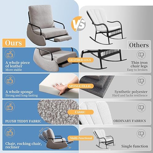 Miniatura 7 de Silla mecedora tapizada de peluche, silla moderna con acento acolchado con respaldo alto, cómoda silla auxiliar para guardería, sala de estar,