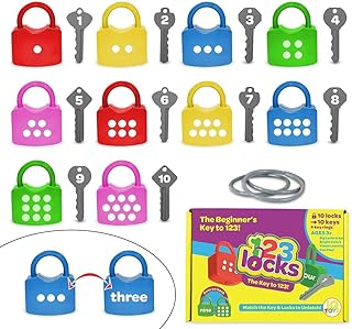 IQ Toys Number Learning Locks Educational Alphabet Set - with 10 Locks, 10 Keys and 4 Keyrings Lock and Key Toy for Toddlers