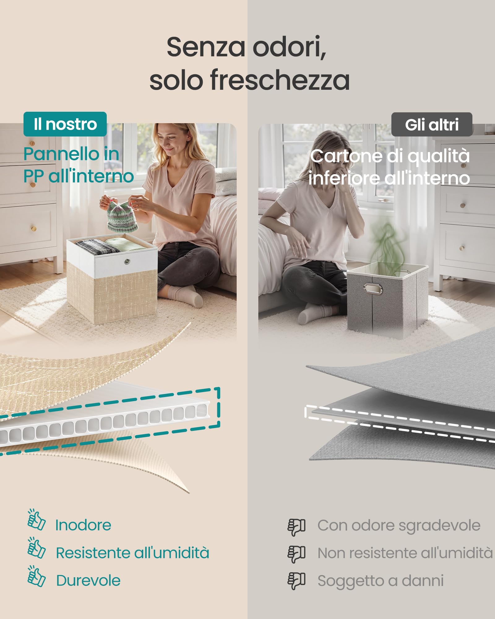 SONGMICS Scatole Portaoggetti, Set di 6, Contenitori in Tessuto, Pannelli in PP, Inodori, Pieghevoli, per Scaffale a Cubo, 30 x 30 x 30 cm, Bianco Nuvola e Beige Sabbia RFB430LF02