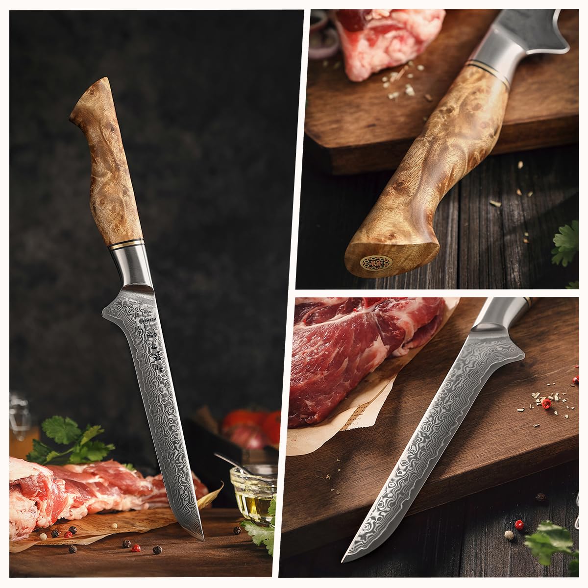 HEZHEN Damasco Cuchillo de Filete, Cuchillo para Pescado Profesional, Cuchillos de Deshuesar Damasco