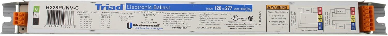 Universal 19831 B228PUNV-C Electronic Fluorescent Ballast, 2 Lamp, 28W T5, 120/277V
