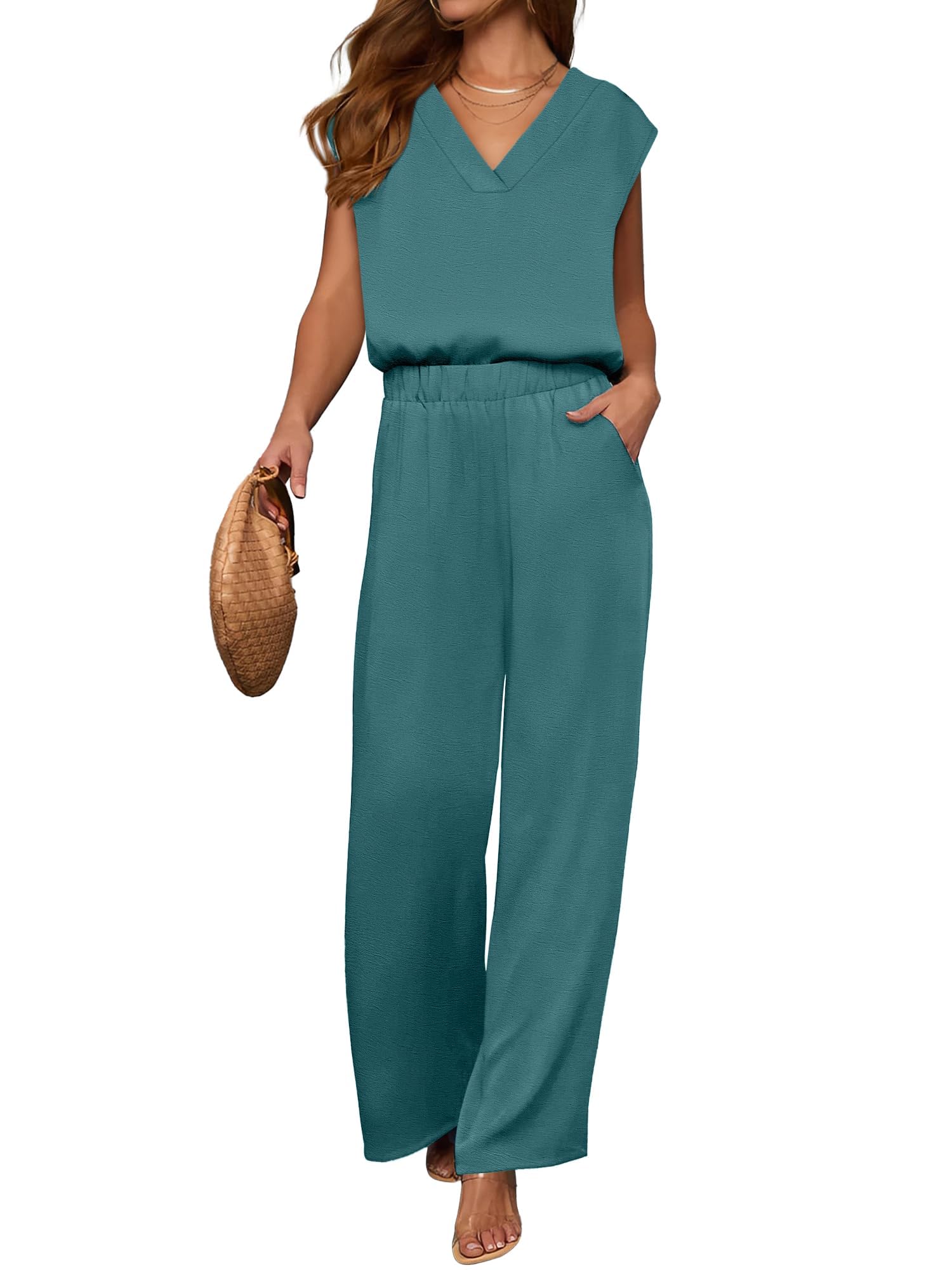 2 Piece Sets for Women Lounge Outfits Summer V Neck Cap Sleeve Top Wide Leg Pants Vacation Beach Travel Set Lake Large-image-15
