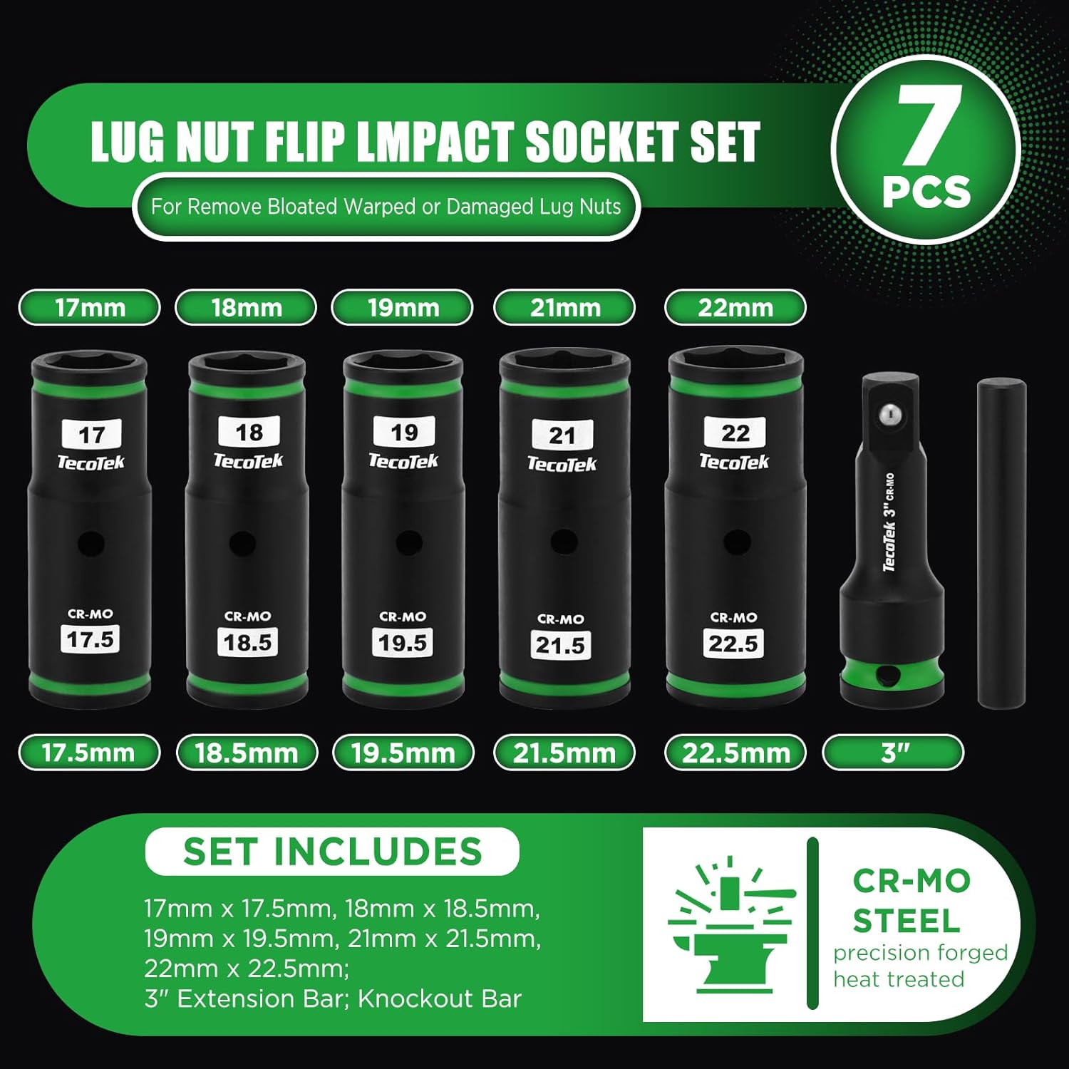TecoTek 7PCS Lug Nut Socket Set, 1/2” Impact Thin Wall Flip Socket, Half Size Wheel Socket Set, Metric, 6 Point, 3" Extension Bar & Knockout Bar, 17.5mm, 18.5mm, 19.5mm, 21.5mm, and 22.5mm
