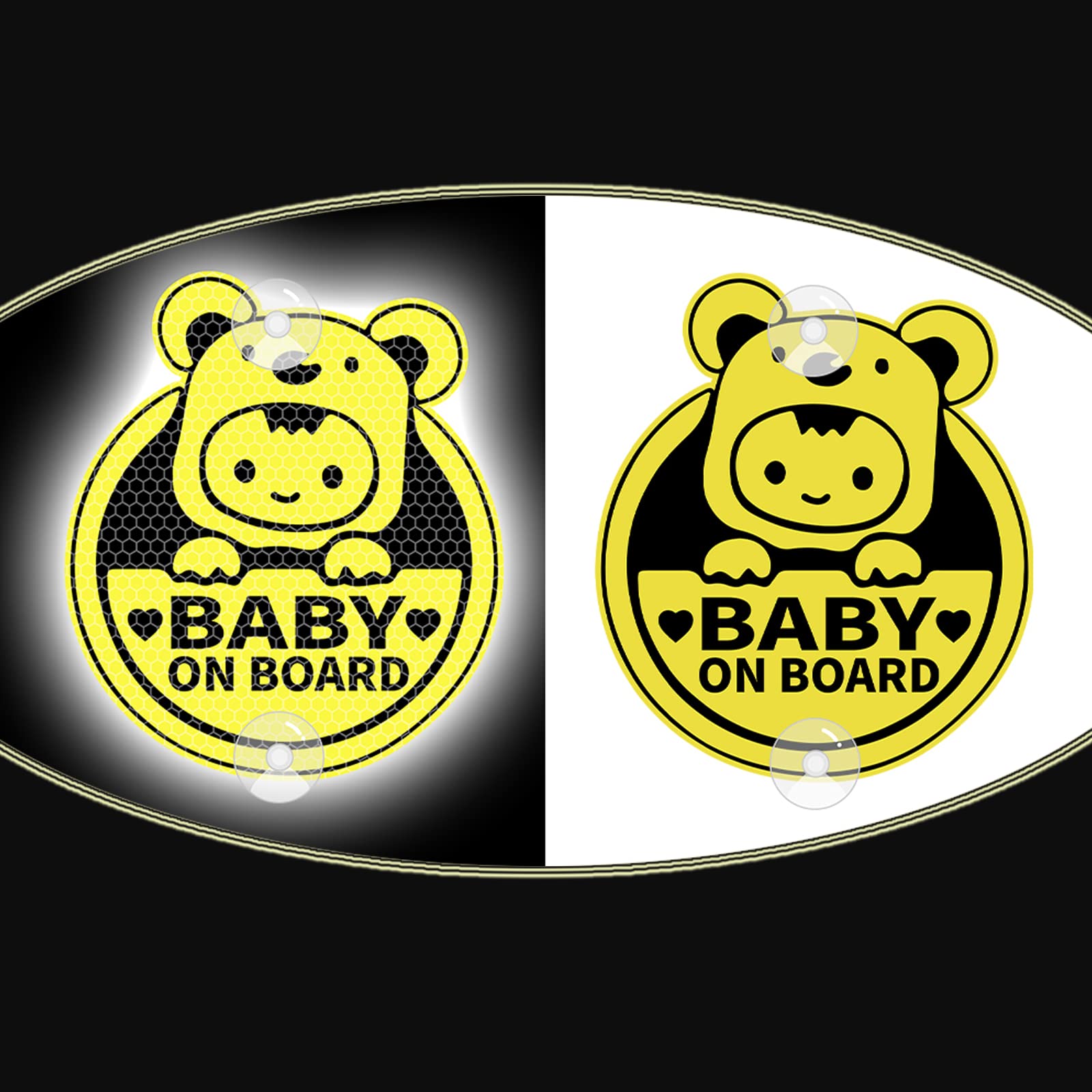Nouiroy Double-Side Baby on Board Sign with Suction Cups, Reflective Surf Baby On Board PVC Car Decals Cute Reflective Baby Safety Warning Car Decal,6.06x7.04 in (Koala, Yellow)