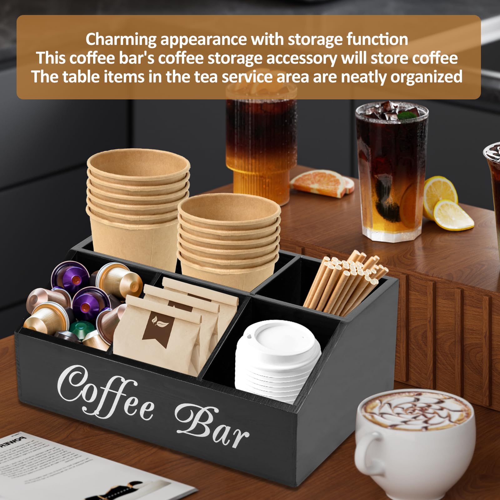 Samhe 5-Compartment Wood Coffee Bar Organizer With Drawer - Countertop Storage For Cups, Pods, Syrups
