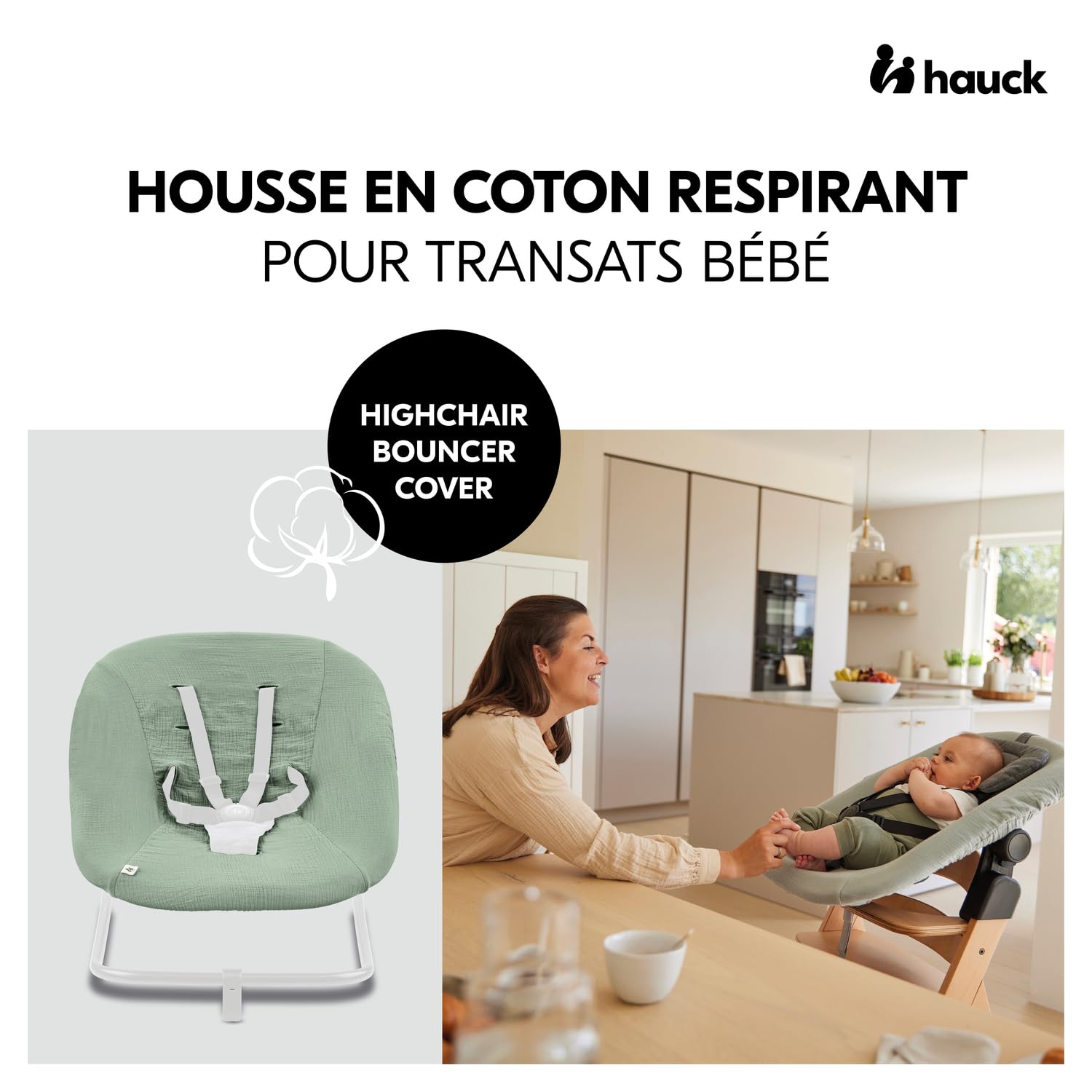 hauck Housse Transat pour Siege Chaise Bebe Highchair Bouncer (Eco) (non Compatible avec autres Modèles), Coton, avec Élastique et Fentes pour Harnais 5 Points, Lavable à 60° - Vert Sauge