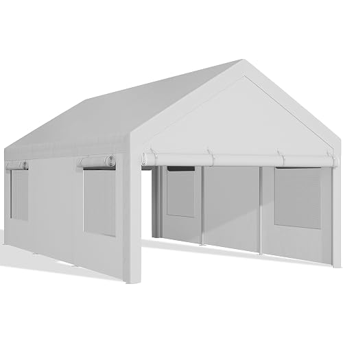 JAMFLY 12x20 ft Carport, Heavy Duty Carport with Roll-up Windows, White