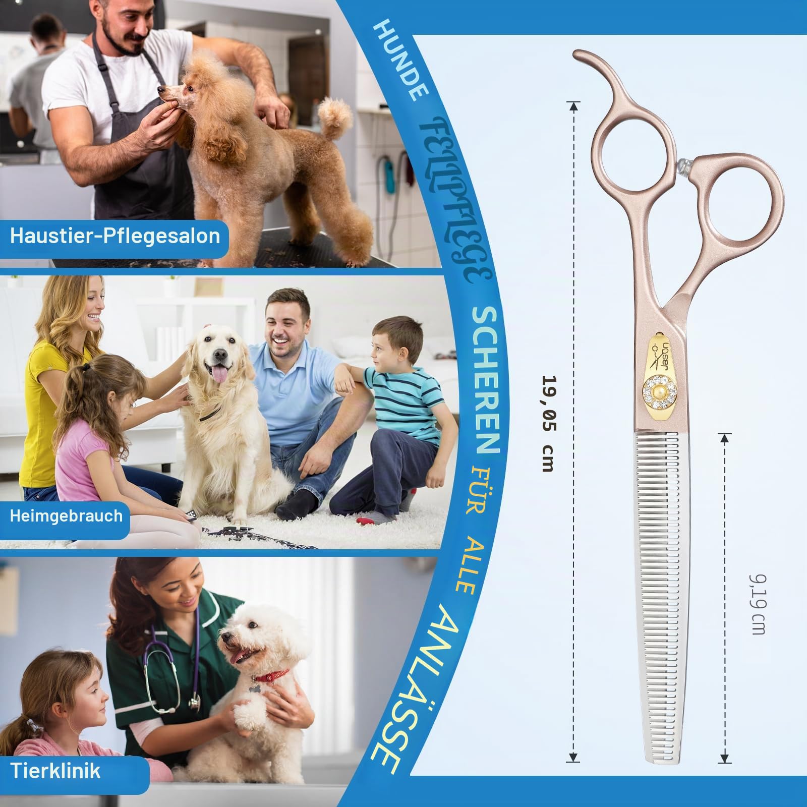JASON Profi Fellschere für Hunde - 54 Zähne Effilierschere aus japanischem 440C-Edelstahl 7,5 Zoll Hundeschere mit ergonomishcen Griff, Roségold