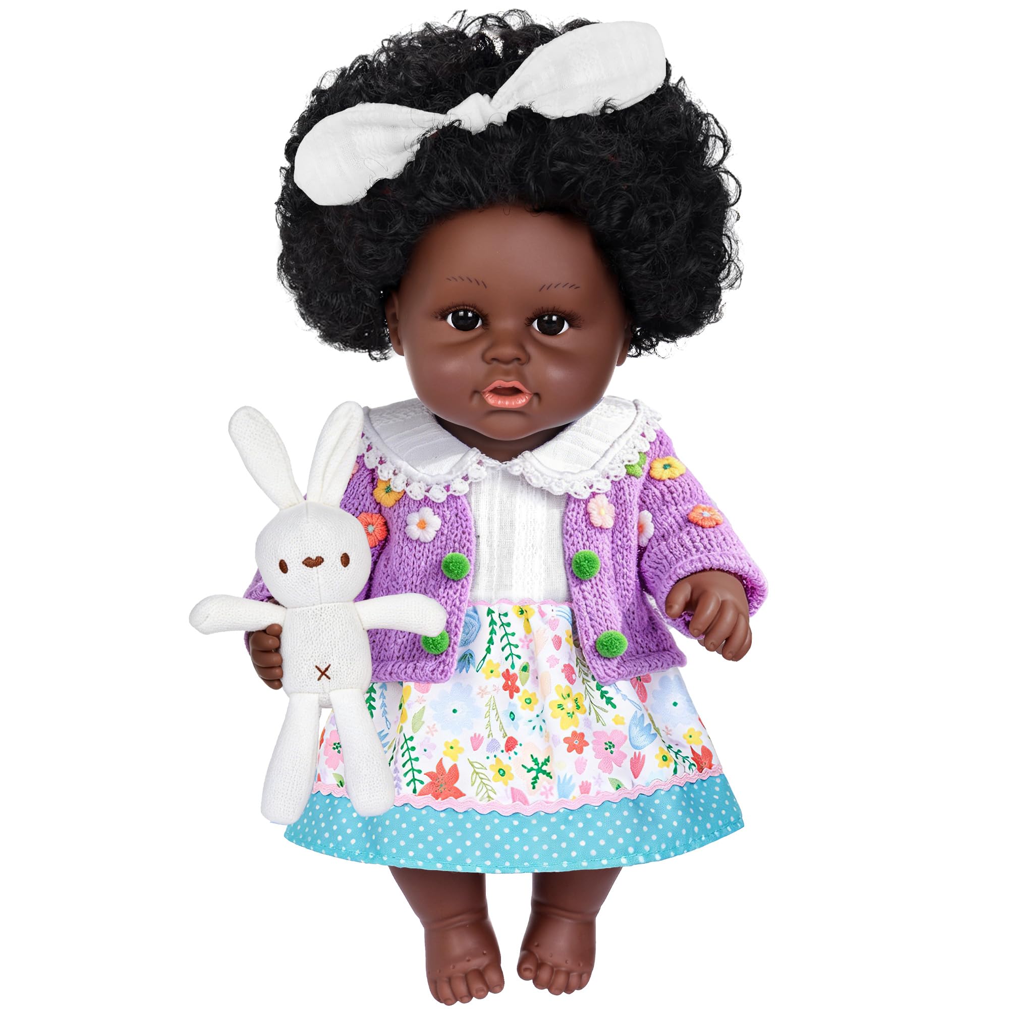 40cm / 12 inch Black Baby Doll with Small Rabbit Toy Accessories- African American Baby Dolls with Curly Hair in Gift Box for 3+ Kids