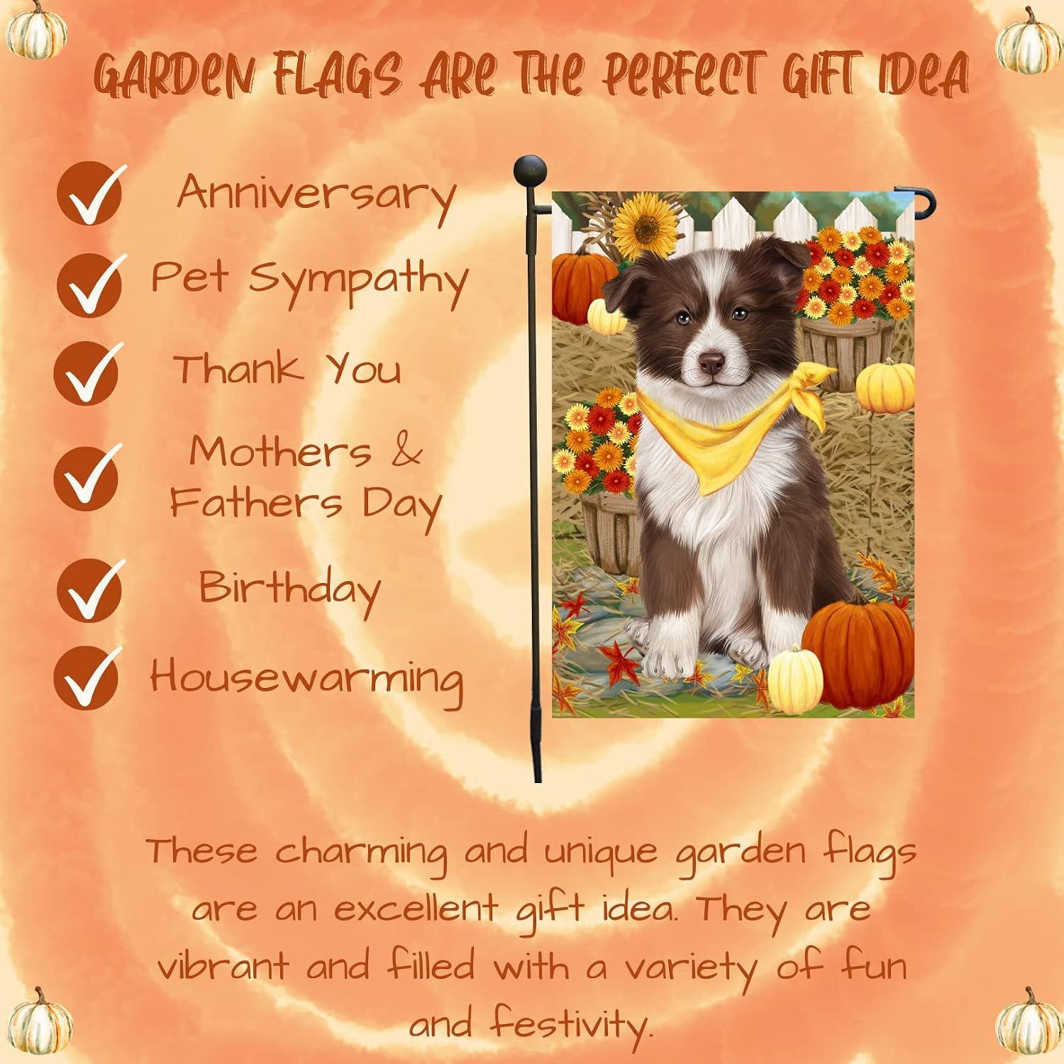 Thanksgiving Border Collie Garden Flag Autumn Pumpkin Yard Flag Double Sided Seasonal Outdoor House Banner for Fall Porch Lawn Patio and Dog Lover Harvest Pumpkin Yard Flag 12 1/2"w x 18"h