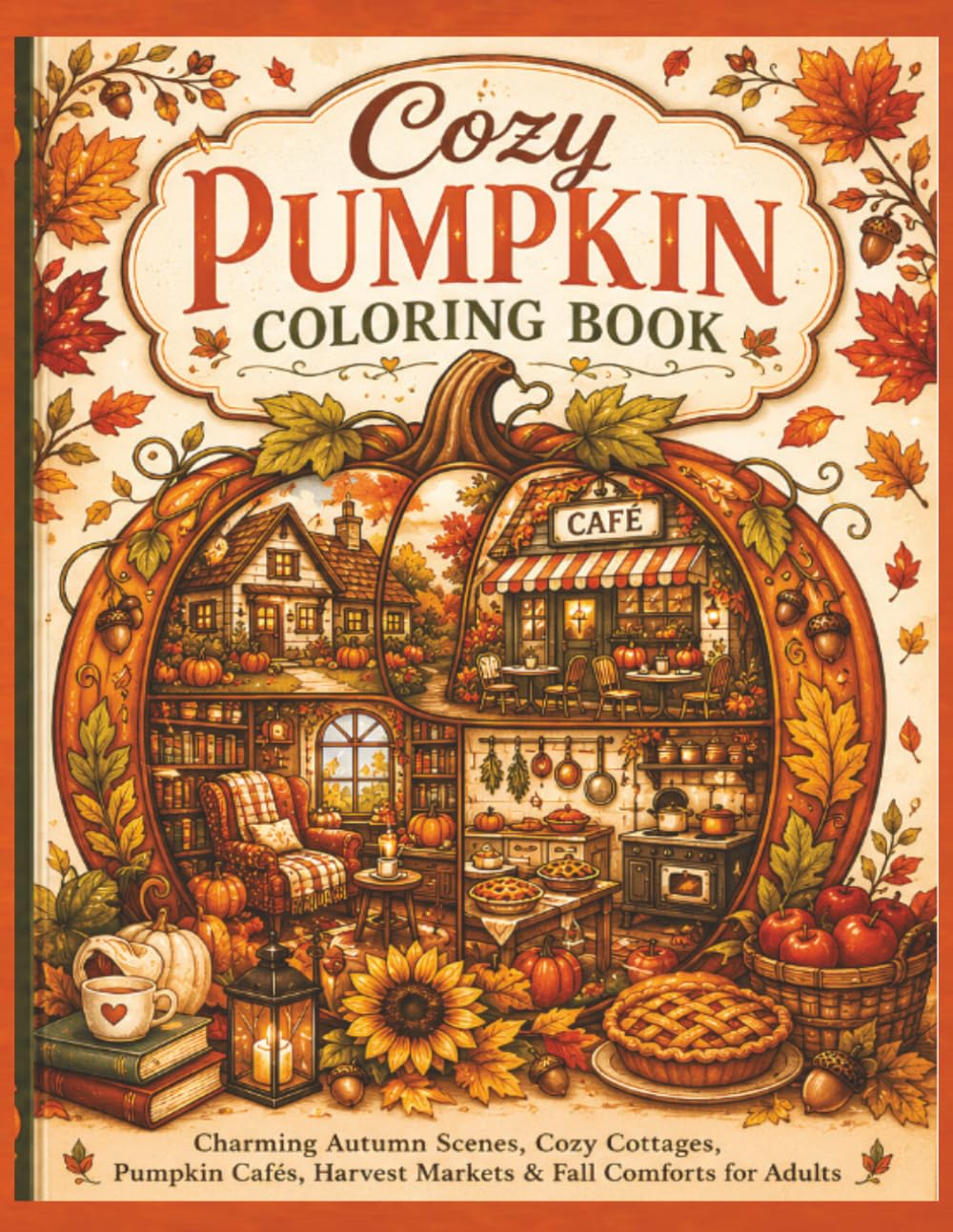 Cozy Pumpkin Coloring Book: Charming Autumn Scenes, Cozy Cottages, Pumpkin Cafe's, Harvest Markets & Fall Comforts For Adults