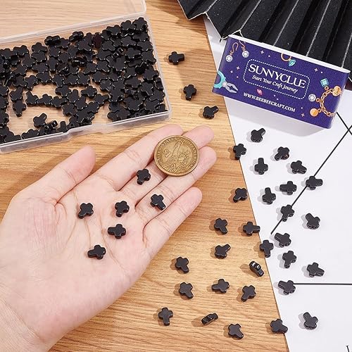 Miniatura 3 de SUNNYCLUE 1 caja de 200 cuentas cruzadas pequeñas negras sintéticas de piedra turquesa cuentas de Pascua vacaciones mini dijes de cruz pequeñas