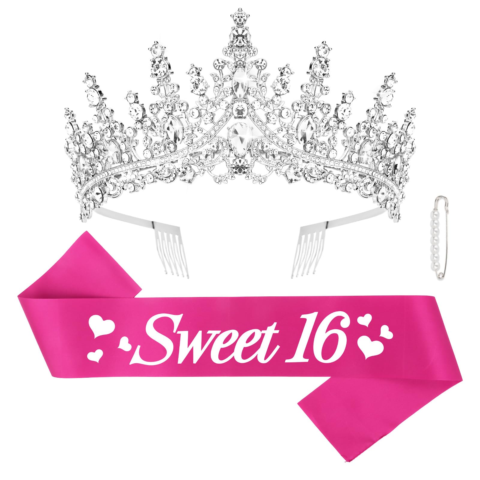 CURASA Sweet 16 Birthday Sash and Crown - Hot Pink Party Supplies and Decorations for Women