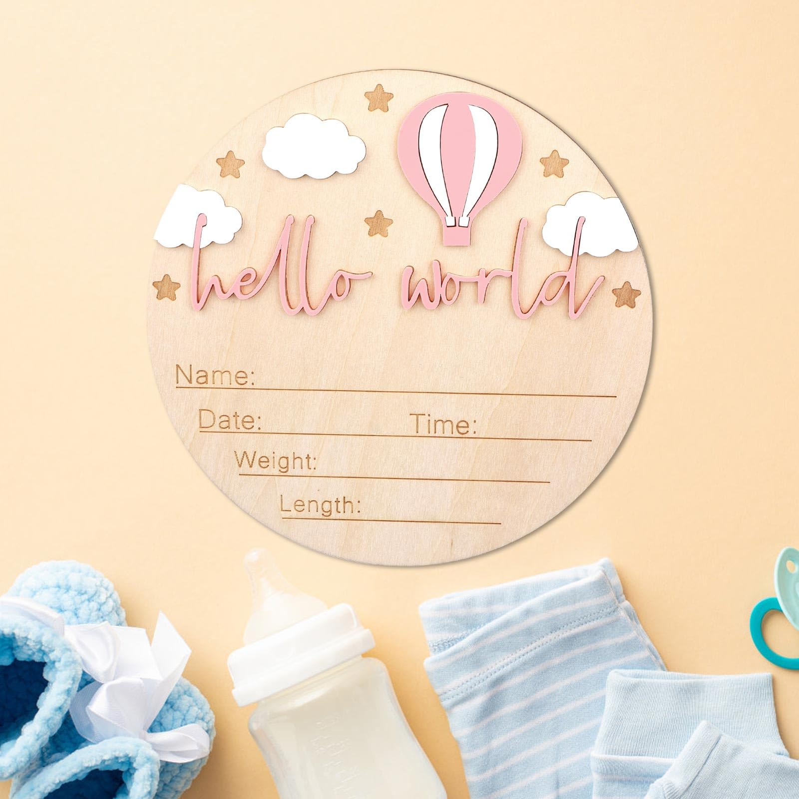 Gosknor Wooden Baby Announcement Sign, Hello World Newborn Sign Welcome Baby Name Plaque for Home Hospital Nursery Newborn Gift (Pink) - Image 4