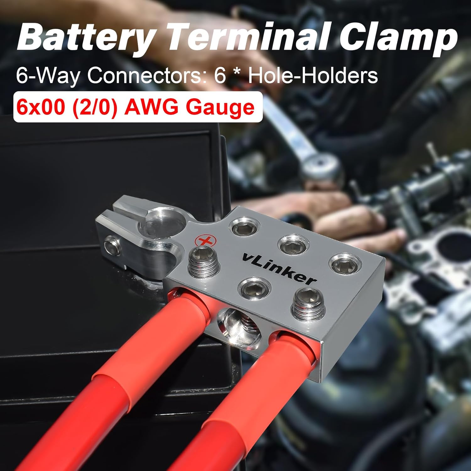 VGATE vLinker 6x00 (2/0) AWG Gauge Lead-Acid Battery Terminals Clamp, 6061 Aluminum Battery Terminal Positive (+) Negative (-) Set, for SAE/DIN/EN Tapered Top Post, 6-Way Battery Connectors