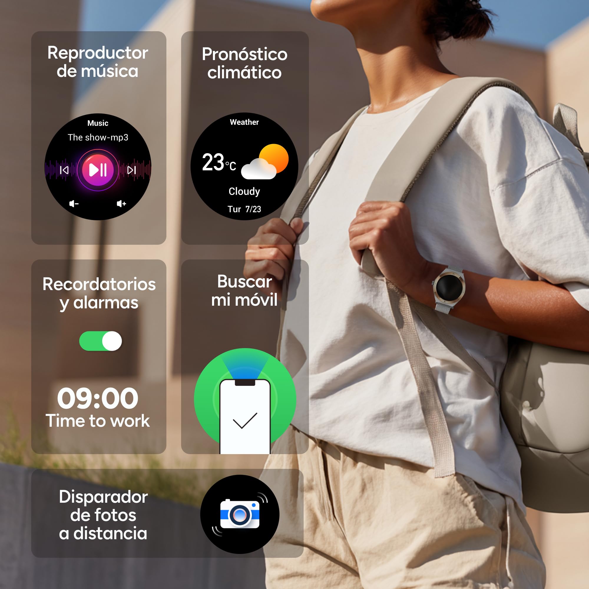 KSIX LYA Go Smartwatch Mujer, Pantalla AMOLED 1.19", Autonomía 5 días, Modos Deporte y Salud, Notificaciones, Llamadas, Asistente de Voz, 2 Correas Metal y Silicona - Plata y Beige