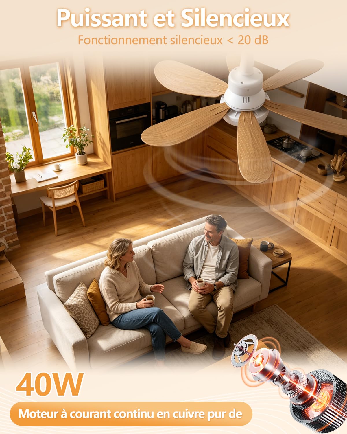 Ventilateur de Plafond avec Lumière, 52CM 40W Petit Ventilateur, avec 2 Jeux de Pales, Douille E27, Silencieux, 3 Vitesses, Telecommande, Zeitgesteuert, Dimmable LED pour Salon Chambre