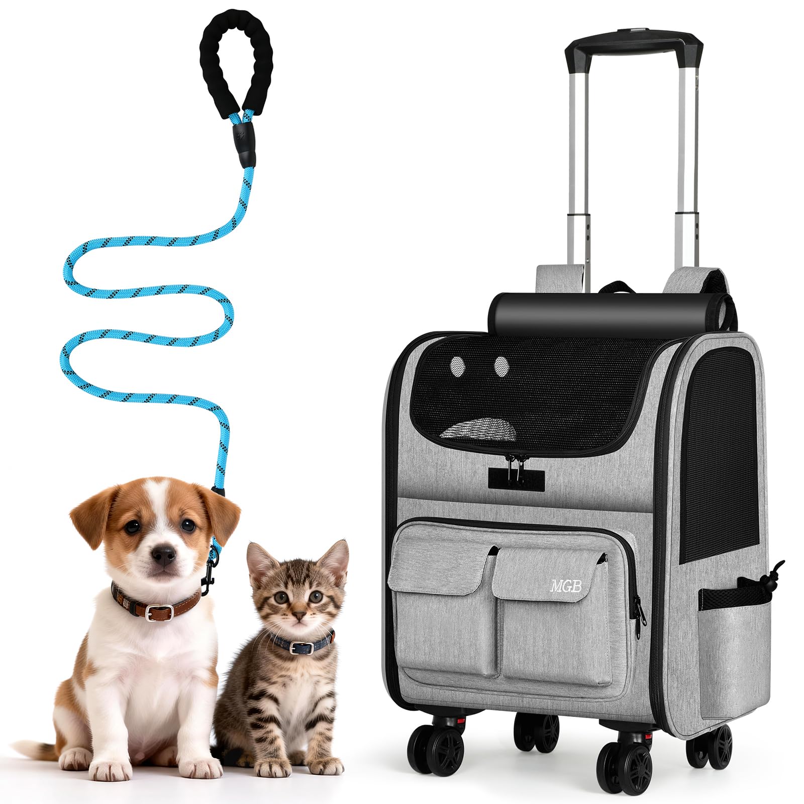 MGOB Cat Carrier with Wheels 38 x 30 x 48cm, Grey