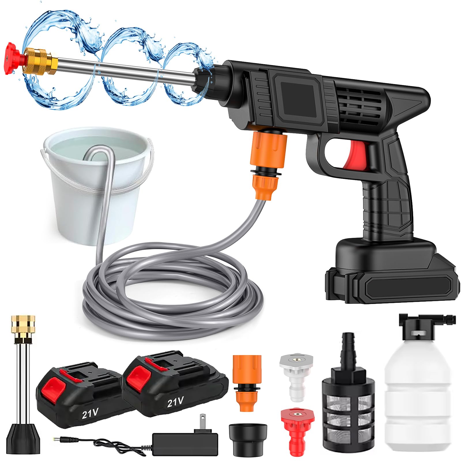 Nettoyeur Haute Pression sans Fil 80 Bar - 2 Batteries Incluses, Buse 6 en 1 Réglable et Tuyau 5m - pour Voiture, Jardin, Terrasse, Fenêtres (Noir- Comprend 2 Batterie)